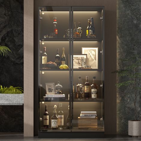 Vitrinenschrank mit LED-Beleuchtung und Glastüren, Pop-up-Design Vitrinen,Glasvitrine mit 4-stufigen Einlegeböden,Wohnzimmervitrine,Aluminiumrahmen,Schwarz,80 x 40 x 160 cm