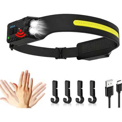 Lampe Frontale LED Ultra Puissante, Super Lumineux 5 Modes 230° Torche Lampe Frontale LED Rechargeable USB avec Détecteur de Mouvement IPX4 Étanche pour Aventure, Pêche, Camping, Cyclisme (1/5)