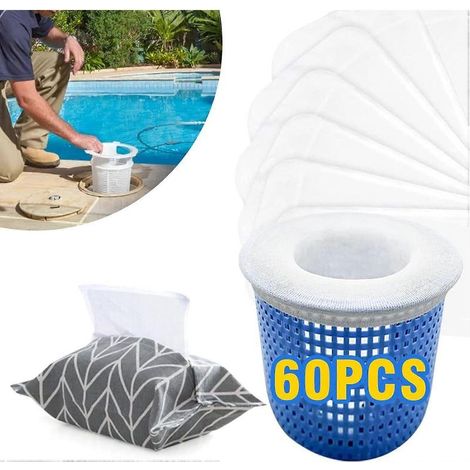 Sacs filtrants de skimmer de piscine de haute qualité, paquet de 60, adaptés aux piscines hors sol et enterrées. (1/4)