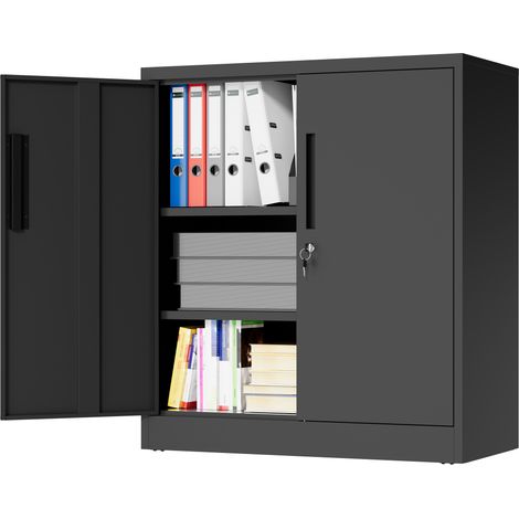 Armoire de rangement en métal avec deux portes verrouillables et deux étagères réglables, petit meuble en acier anti-basculement pour garage et maison, noir, à monter soi-même (1/5)