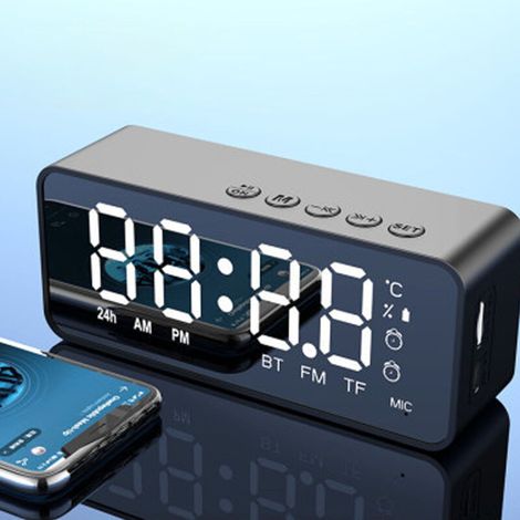 Bluetooth-Wecker mit Spiegeldisplay – Digitalanzeige – HD-Audiostreaming – Doppelalarmfunktion – Temperaturerkennung – Faltbar und tragbar – 1200-mAh-Lithium-Akku – Schwarz – 12 x 5 x 4 cm