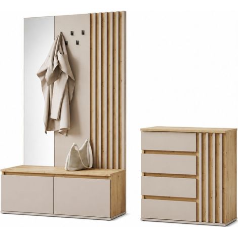 Flurmöbel-Set NEMO mit Garderobenständer, Spiegel und Kommode – Helles Eichenholz und Kaschmirbeige (1/5)