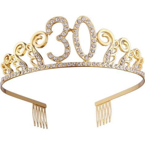 Corona de Cumpleaños 30 Cristal Strass Corona con Peine para el Cabello Diadema de Cumpleaños 30 Bodas Regalo para Mujer (Dorado) (1/5)