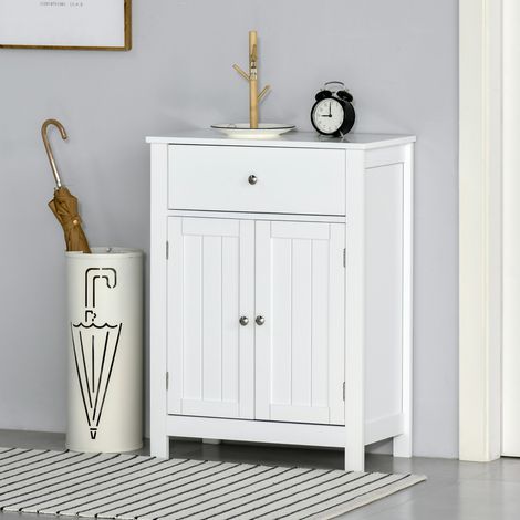Mobiletto da bagno Kleankin con 1 cassetto, 2 ante e ripiano interno regolabile, unità di contenimento multifunzionale per soggiorno e cucina, antiribaltamento, 60x30x80 cm, bianco. (1/5)