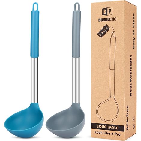 Lot de 2 louches cuillères en silicone pour soupe, ustensiles de cuisine antiadhésifs, sans BPA, outils de cuisine pour mélanger et servir les soupes (Gris Bleu) (1/5)