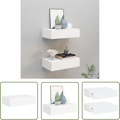 The Living Store Wandregale mit Schubladen 2 Stk. Weiß 40x23,5x10 cm MDF - Wand Regal - Regal Mit Schublade - Weißes Regal - Möbel Für Wohnzimmer - Nachttisch (1/5)
