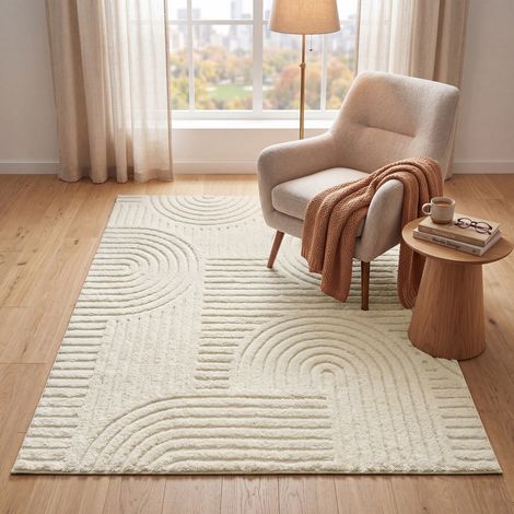 Tapis Moderne à Poils Courts, Lavable en Machine, Antidérapant, Salon Chambre, Effet 3D, 120 x 170 cm, Blanc (1/5)