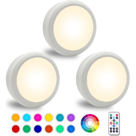 Éclairage LED sous meuble avec télécommande, variateur d'intensité, fonctionne sur piles, 12 couleurs RVB préréglées avec minuterie (lot de 3) (1/5)