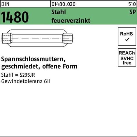 Écrou de tendeur DIN 1480 ouvert SP M24/255 Acier galvanisé à chaud 1 pièce