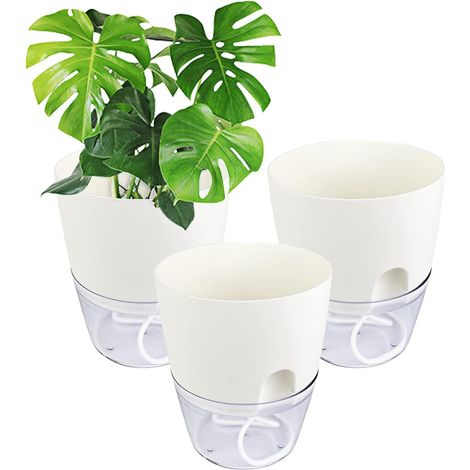 3 pièces Pots de Fleurs Blanc 15.3cm Largeur, Automatique Pots avec Système D'arrosage Automatique, D'Arrosage Automatique Pots Transparent avec Système de Mèche aux Balcon, Intérieurs (1/5)