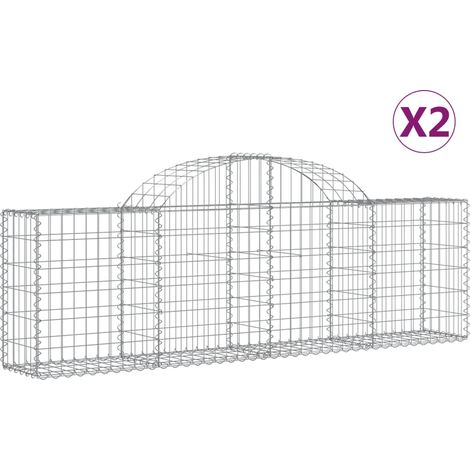 Juego de 2 cestas de gaviones, valla de jaula, muro de contención arqueado, 200 x 30 x 60/80 cm, hierro galvanizado, Plata 020041340