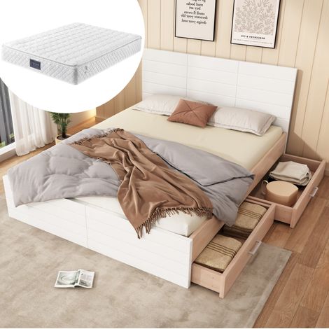 FLORAGRACE Letto matrimoniale 160x200 cm in legno bianco con 2 cassetti, rete e materasso, bianco e legno chiaro per camera moderna (1/5)