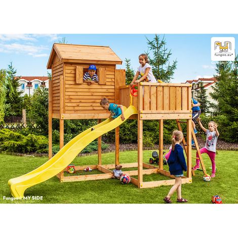 Fungoo Spielhaus  "My Side", teak, inkl. Rutsche, Haus mit Holzdach und Steuerrad