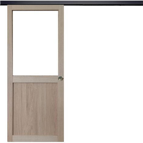 Porte Coulissante Atelier placage chene Vitree H204 x L83 + Rail Alu bandeau noir et 2 Coquilles (1/5)