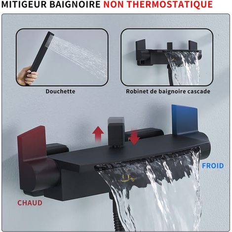Miscelatore per vasca a cascata in ottone nero opaco - Rubinetto a parete a risparmio idrico con ampia uscita acqua, doccetta e tubo flessibile (1/4)