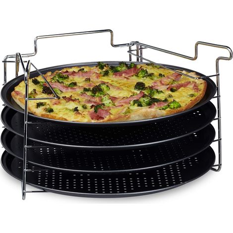 Relaxdays 10020495 Plaques de cuisson pizza lot de 4 avec support HxlxP : 20 x 32 x 32 cm avec perforation revêtement antiadhésif, anthracite (1/5)