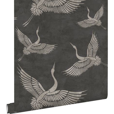 papier peint oiseaux de grue gris foncé - ESTAhome (1/5)