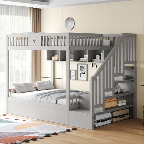 Etagenbett 140 x 200 cm grau mit Stauraum, Regalen und Treppe OKMYHOME (1/5)