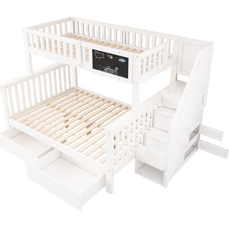 Litera infantil blanca 90x200/140x200 con pizarra, cajones y escalera con almacenaje (1/5)