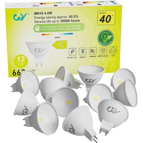 Ampoule LED GU5.3 MR16, 4.5W Équivalent 40W 663LM 4000K Blanc Neutre, Angle de Faisceau 120°, Ampoules LED 12V Classe C, Non-Dimmable, Lot de 12 (1/5)