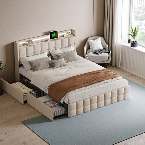 Lit 180 x 200cm, Lit Double 180 x 200 avec 4 Tiroirs, Lit Adulte Rembourré avec Ports USB et Éclairage LED, Tete de Lit avec Rangement, Sommier à Lattes, Lin, Beige (1/5)