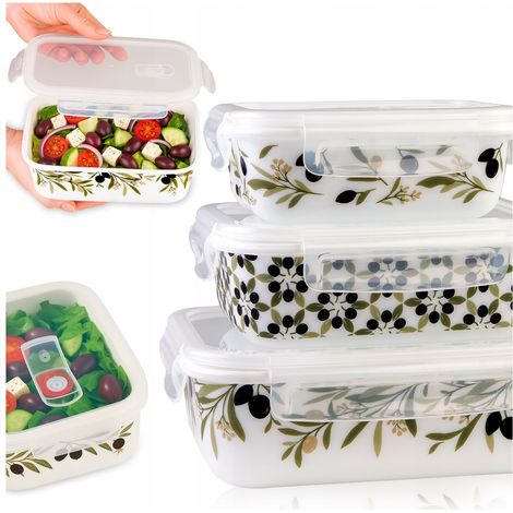 Set aus 3 rechteckigen Glasbehältern (Fassungsvermögen 400, 650, 1000 ml) mit Olivenmuster