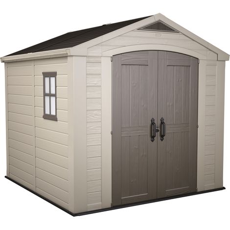 Factor 8x8 - Gartenhaus 256,50x243x255 cm 2 Türen zur Werkzeugaufbewahrung Holzoptik-Finish aus beigem Harz