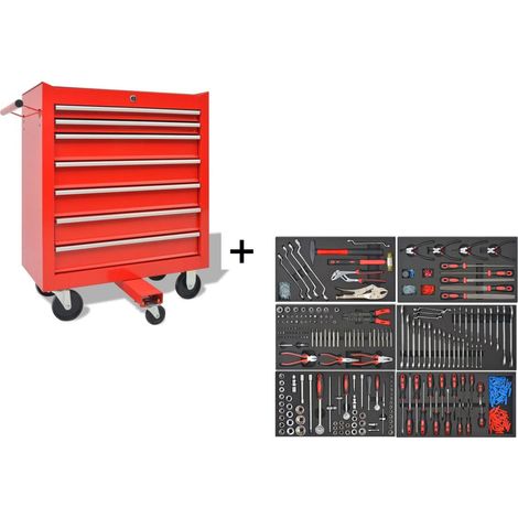 Servante d'atelier roulante 7 tiroirs – Acier robuste – Dimensions 69x33x77,2 cm – 1197 outils inclus – Verrouillage centralisé (1/2)