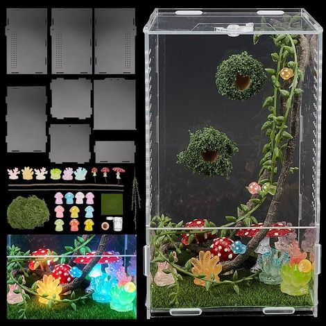 Kit d'Enclos pour Araignées Sauteuses Habitat DIY pour Insectes Terrariums pour Mantes Religieuses Acrylique Petit Terrarium pour Reptiles avec Champignons Lumineux Abreuvoir Habitat Complet (1/5)