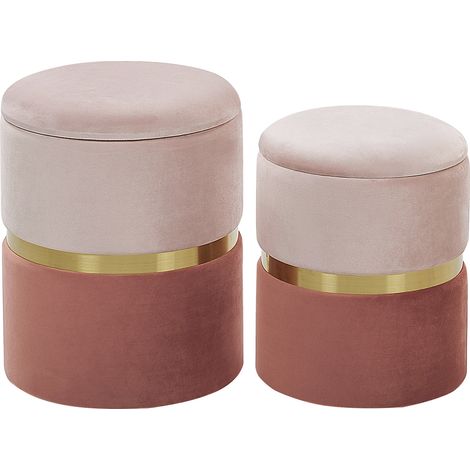 Conjunto de 2 pufs con almacenamiento tapizados en terciopelo de poliéster rosa reposapiés diseño retro Wichita