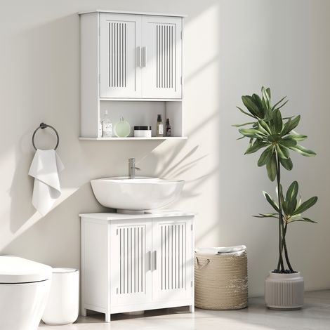 kleankin meuble sous lavabo, armoire en bois pour salle de bain avec 2 portes ventilées et étagère réglable intérieure, moderne, 60x30x60 cm blanc