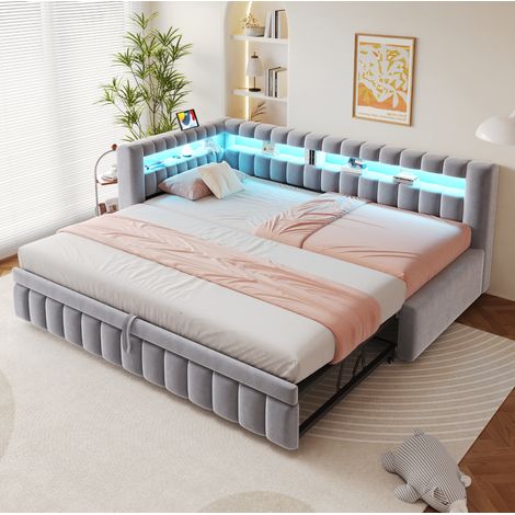 Sofá cama 90 x 200 cm con cama nido, LED, USB-C, terciopelo gris claro HAVRYA (1/5)