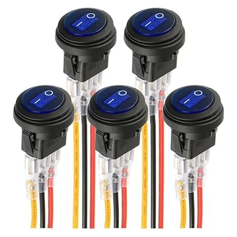 Ahlsen bleu LED interrupteur rond électroluminescent KCD1-8 interrupteur à bascule étanche 12V 20A marine et divers éclairage étanche à 3 broches avec commande par fil (5pcs) (1/5)