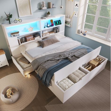 Letto in legno bianco 140x200 cm con contenitore, cassetti, librerie, LED e porte USB