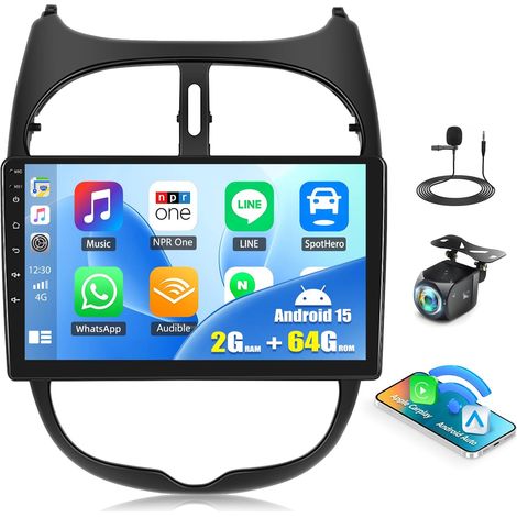 [2+64G] Android 15 Carplay Autoradio pour 206/206 CC/Citroen C2 2002-2010, Navi Carplay Android Auto, 9" Écran Tactile Radio WiFi Bluetooth MirrorLink RDS+Caméra de Recul (1/5)