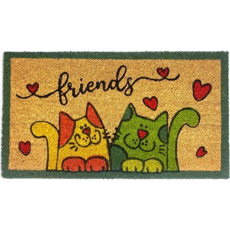Tappeto Ingresso Esterno in Cocco - Zerbino Antiscivolo Friends con Gatti Colorati - 40x70 cm