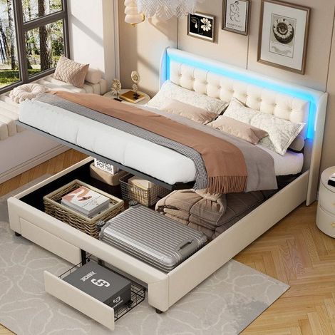 Cama con cofre 180x200 cm - 240704HXF - LED integrada - Almacenamiento hidráulico - Terciopelo beige