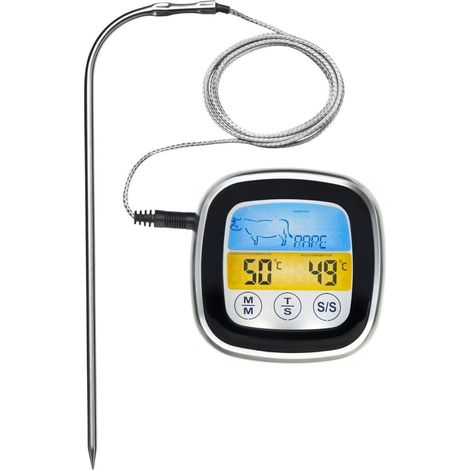 Thermometre Viande - Affichage LED Tactile - Minuterie Integree - Support Magnetique - Pour BBQ Four Grill - Plastique Et Acier Inoxydable - 7x7x2 cm - Câble 60 cm (1/5)