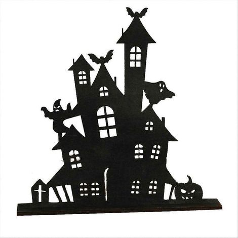 Silhouette en bois d'Halloween, dessin de maison hantée, décoration de bureau (1/5)
