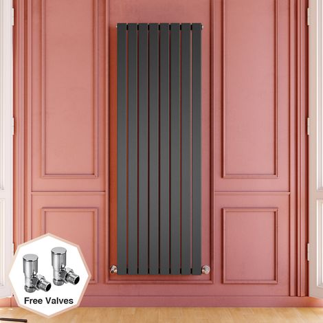 ELEGANT 1800 x 608 mm Vertical Designer Radiator Anthracite Single Flat Panel Column Tall Upright Central Heating Radiators + Angled Radiator Valves (1/5)