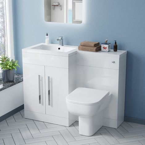 Aric White Left Hand Side 1100mm Vanity Basin Unit, WC Unit & Debra Back To Wall Toilet (1/5)