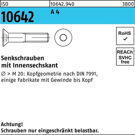 Vis à tête fraisée ISO 10642 à six pans creux M5x 50 A 4 100 pièces