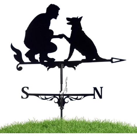 Girouette en métal avec silhouette d'homme et de chien – Indicateur météo décoratif pour jardin, toit et extérieur, noire, convient à un usage extérieur, idéale comme décoration de jardin et cadeau po (1/5)