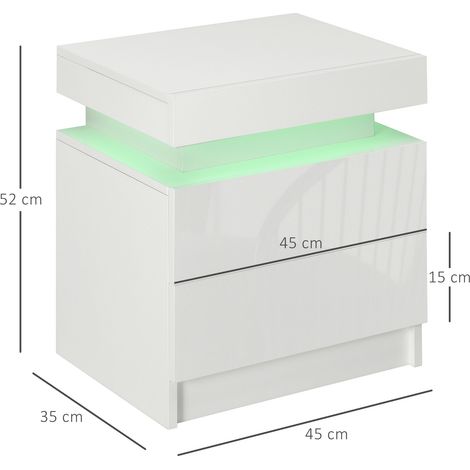Table de chevet LED RGB (2 tiroirs, 4 modes d'éclairage, 16 couleurs), bois, dimensions : 45 x 35 x 52 cm, blanche (1/5)