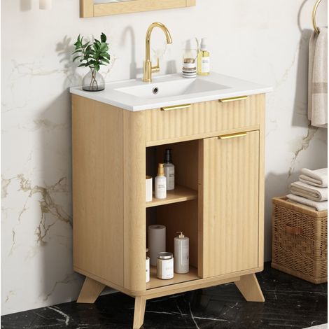 Meuble vasque 61 cm à poser, 3 tiroirs et porte coulissante, rangement optimisé, MDF et céramique, bois naturel (1/5)