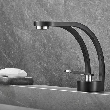 Modern Creative Design Bathroom Faucet, Black Sink Faucet, Bathroom Mixer Tap Single Hole Sink Faucet, Brass (Black and Silver) (1/5)
