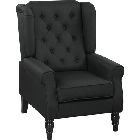 Retro Accent Chair, Linen Wingback Armchair with Wood Frame Button Tufted Design for Living Room Bedroom, Black (1/5)