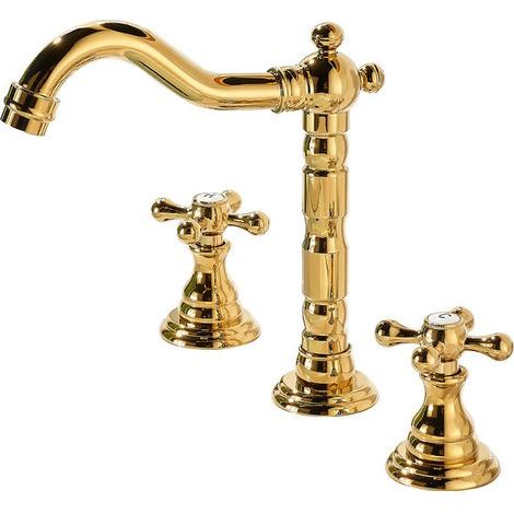 Dreiloch-Armatur für Bad und Waschbecken, separat montierbar, aus Kupfer, mit vollständiger Oberfläche, Warm- und Kaltwasseranschluss und silbernem Schwenkarm - Alovez