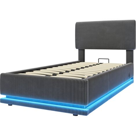 Cama tapizada 90 x 200 cm gris oscuro en terciopelo acanalado, LED, USB-C y cabecero regulable (1/5)
