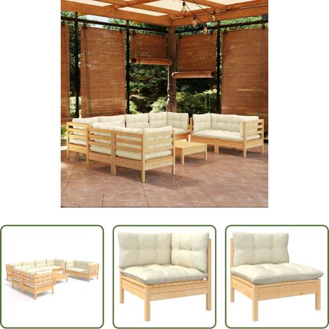 Terrassensofa - 9-tlg. Garten-Lounge-Set mit Creme Kissen Kiefer Massivholz (1/5)